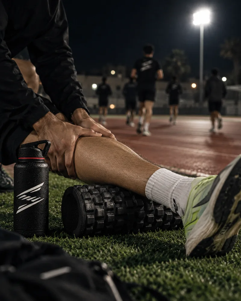 Foam rolling a calf on the grass by the track at night, the club bottle beside