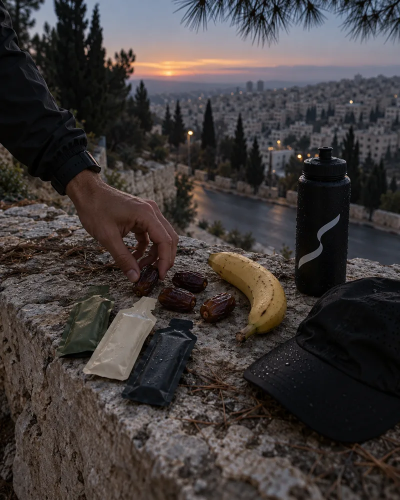 Dates, a banana, gels and the club bottle on a stone wall above Amman before a long run