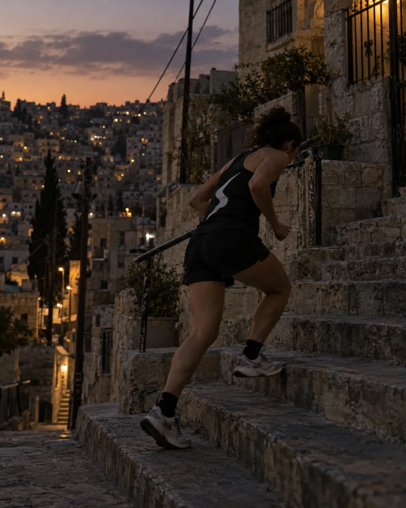 A runner climbing stone stairs in Amman at dusk with short, quick steps