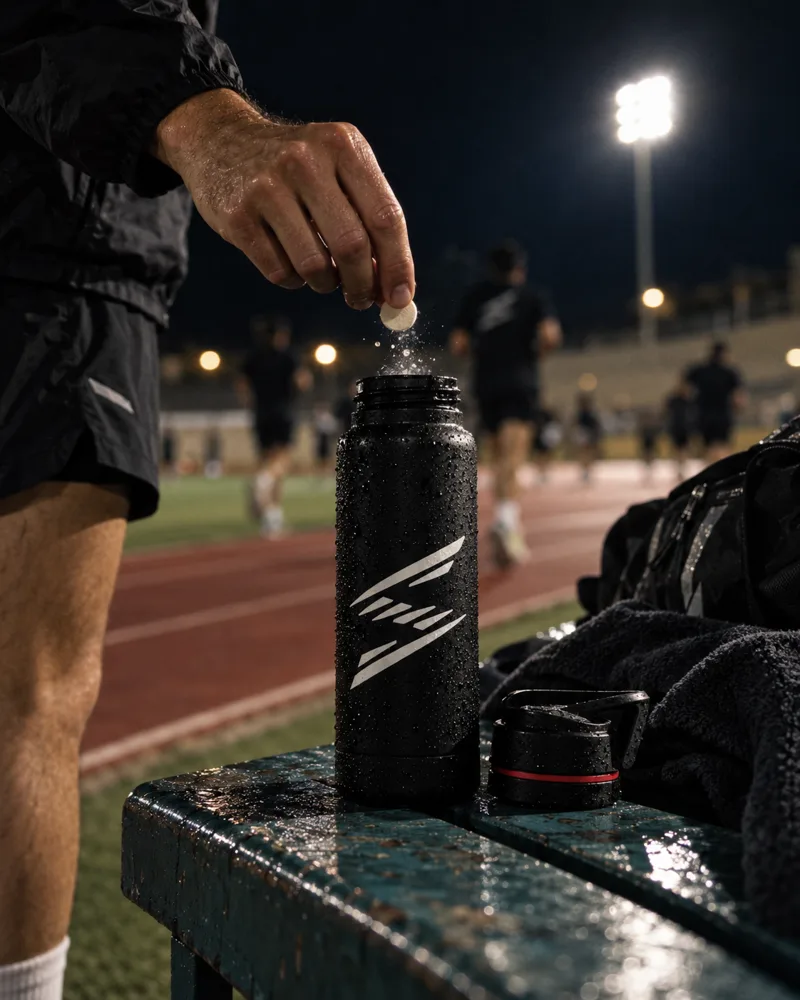 Dropping an electrolyte tablet into the club bottle by the track