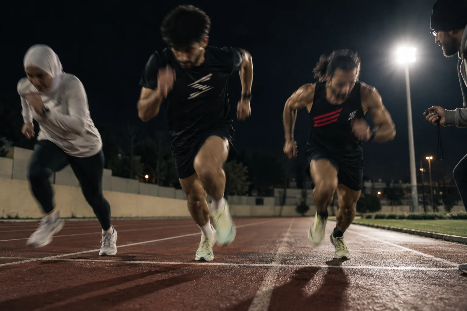 Runners sprint a rep on a floodlit track at night.