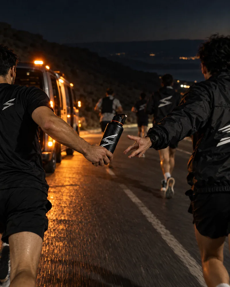 A relay hand-over by the support van on the road down to the Dead Sea