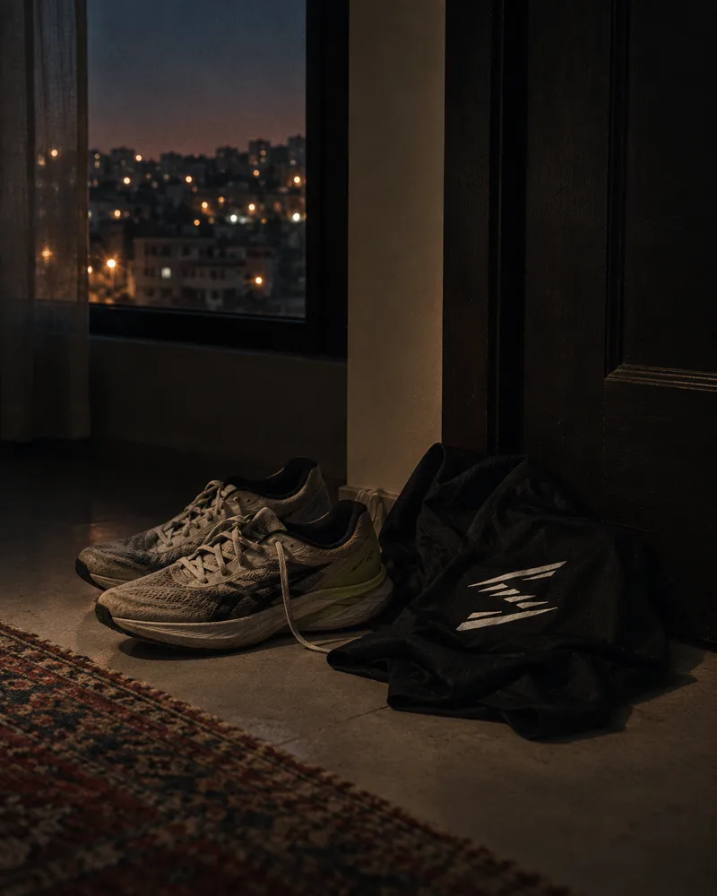 Running shoes and club kit by a bedroom door at night, ready for the morning