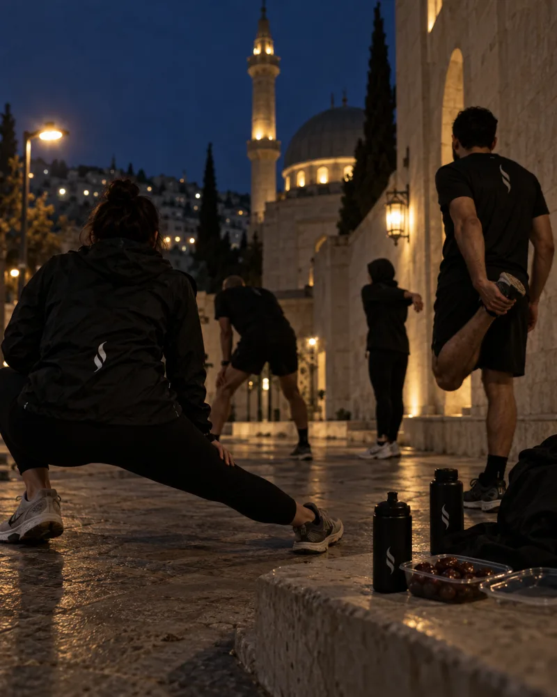 Club members stretching by a mosque after iftar