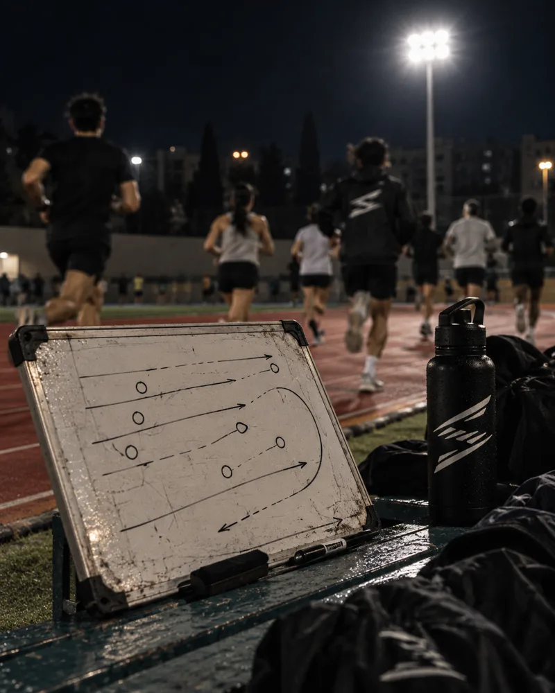 A coach’s whiteboard by the track before a session