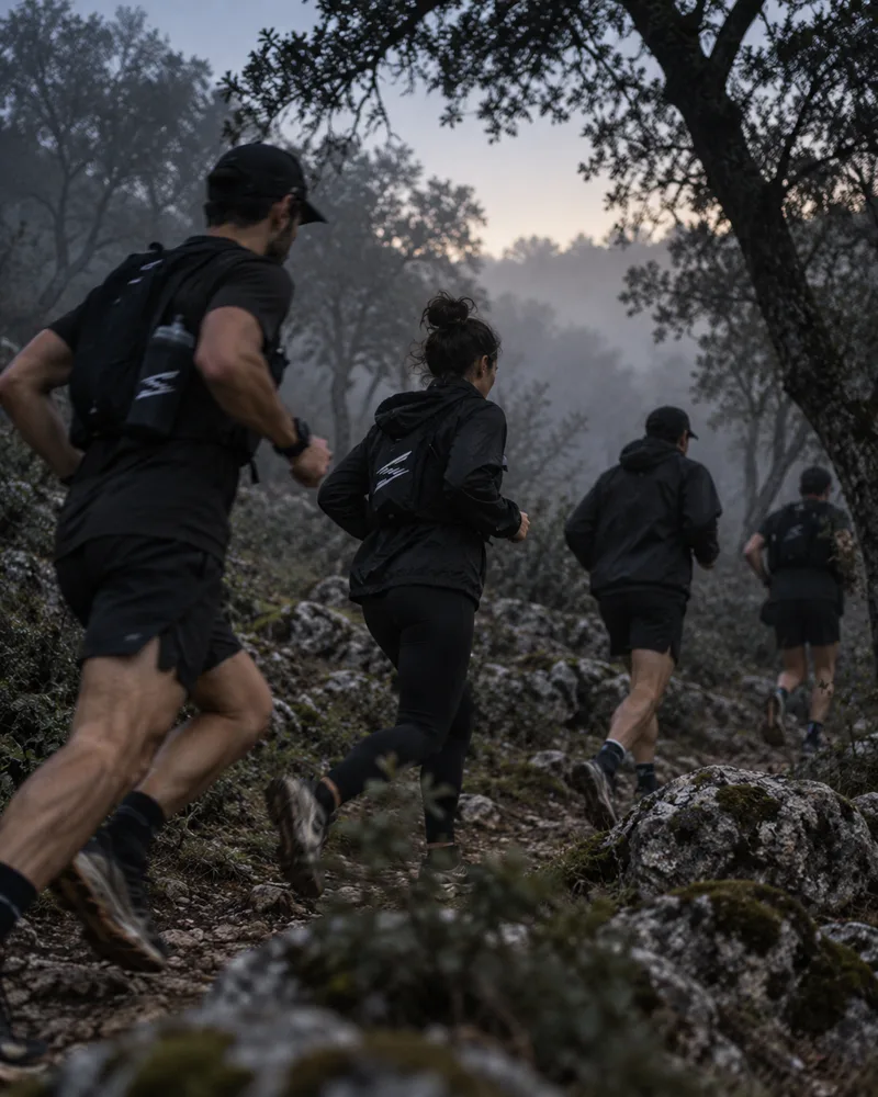 Trail runners in the Ajloun oak forest in morning mist