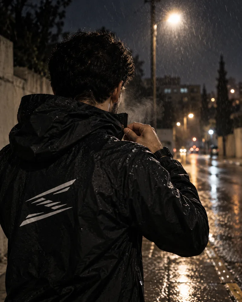 Zipping up the club windbreaker under a streetlight in the rain